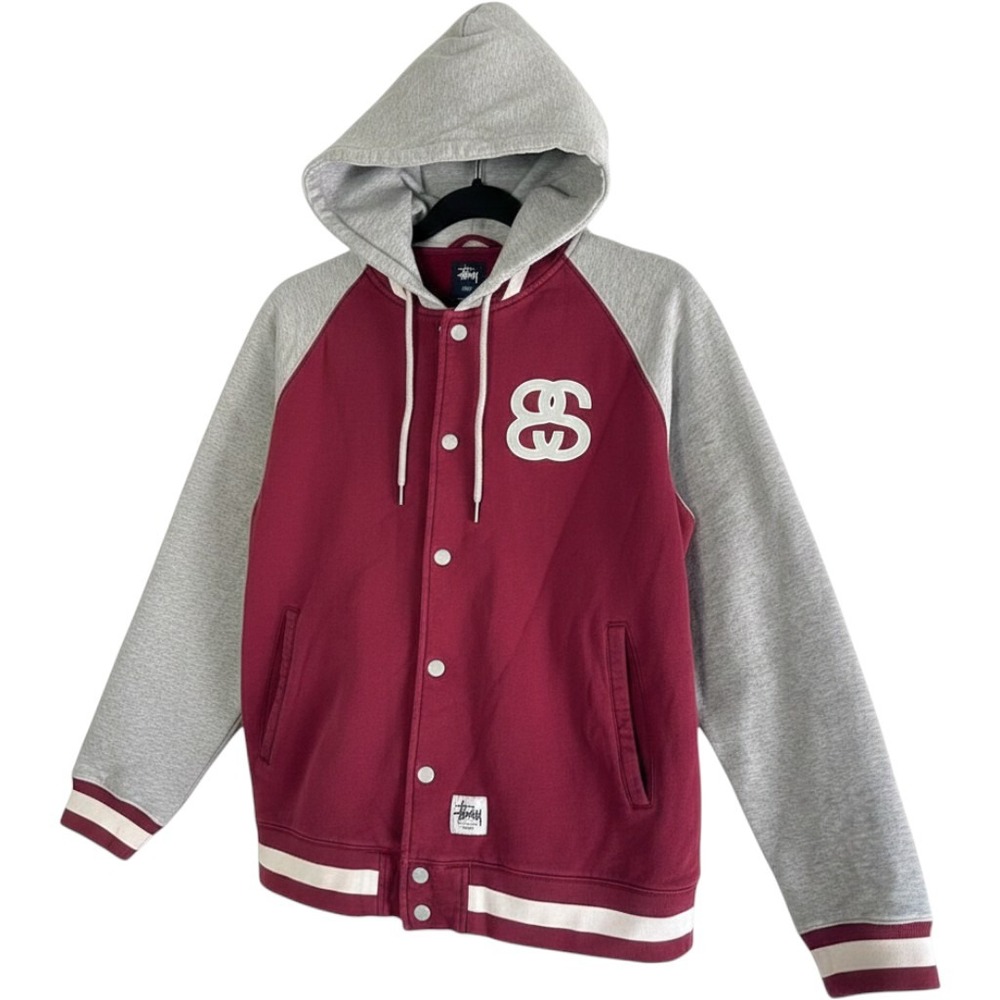 Stussy Varsity Hoodie Mens Large Maroon Grey SS Link Logo Snap Button Jacket L